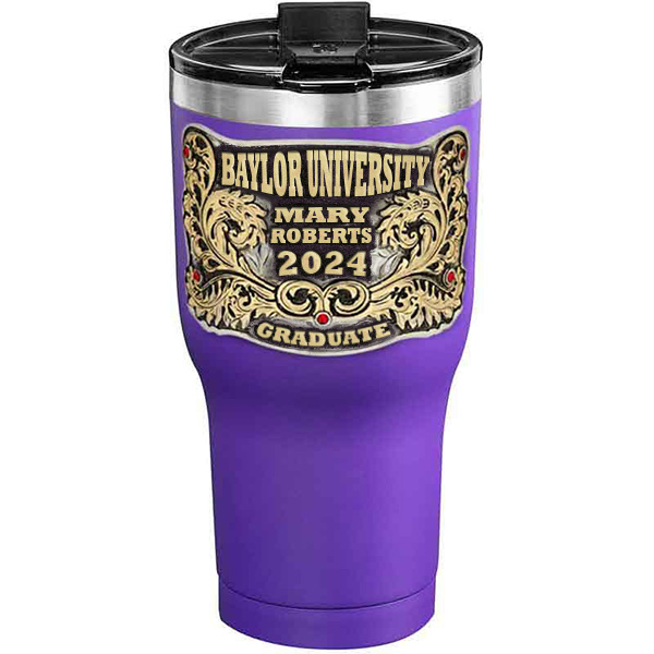 A customized tumbler made of stainless steel with a personalized engraved name and Baylor University lettering, 30 oz, ideal for coffee or cool drinks